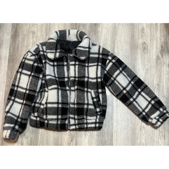 No Boundaries Jackets & Blazers - No Boundaries Womens Sherpa Jacket Black White Plaid‎ Zip Front Small